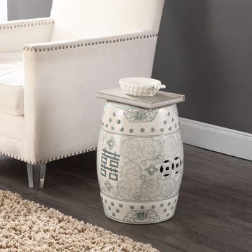 Double Happiness 18" Chinoiserie Ceramic Drum Garden Stool - JONATHAN Y